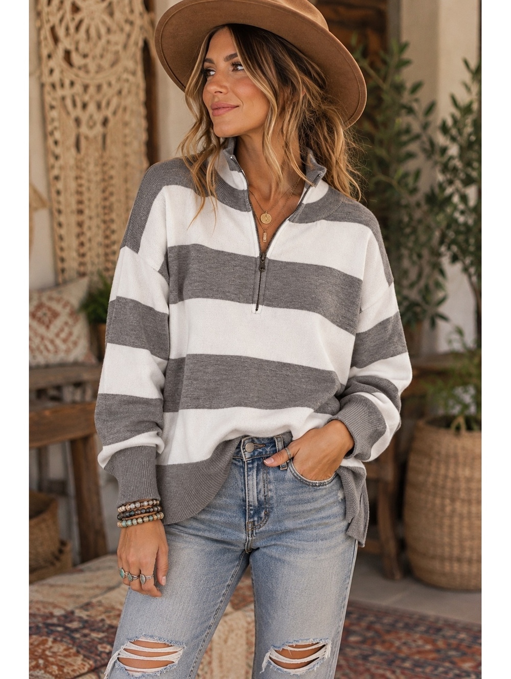 Escalier Women’s Small Gray White Striped Quarter Zip Sweater